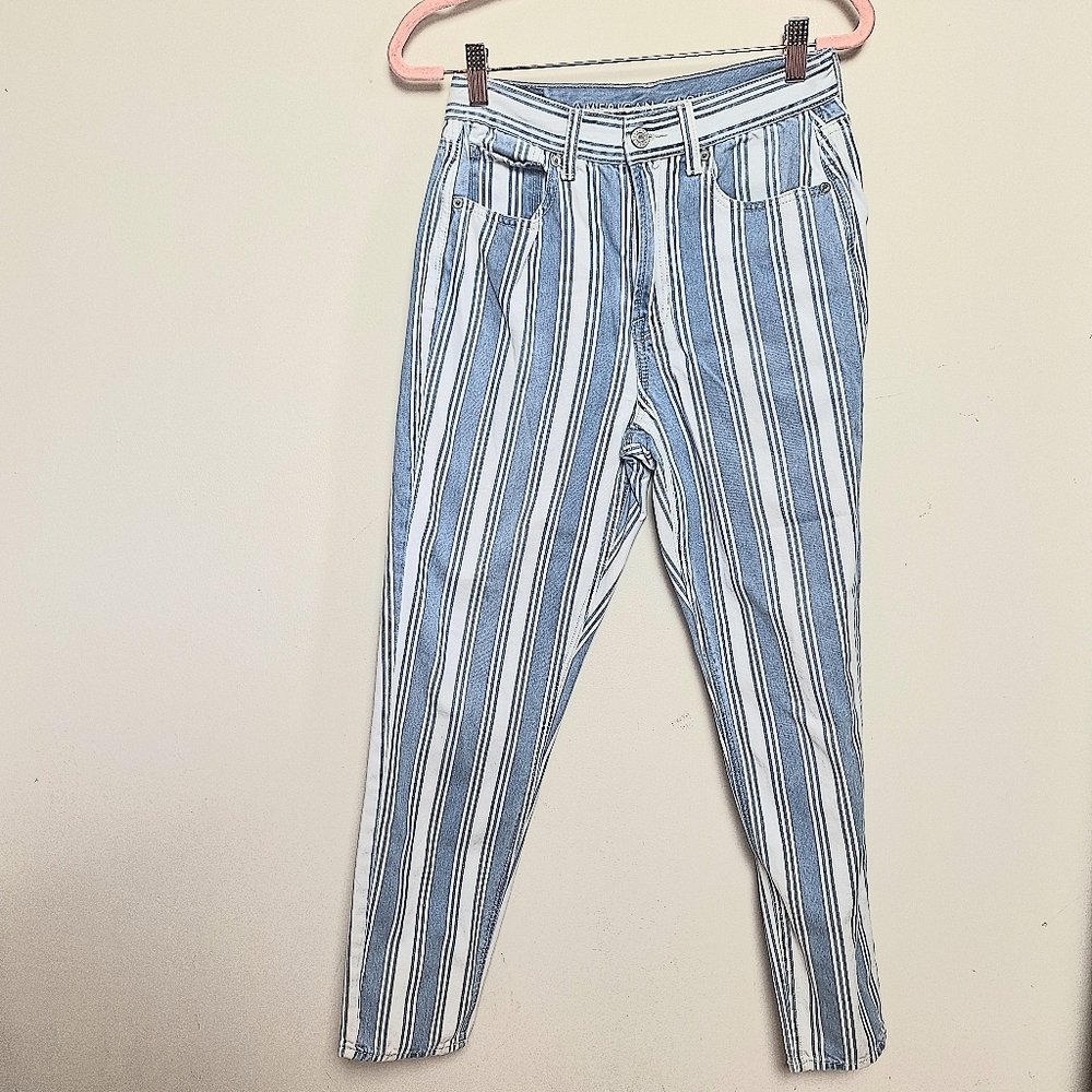 American Eagle Blue and White Striped High Waisted Rigid Denim Mom Jeans Size 2